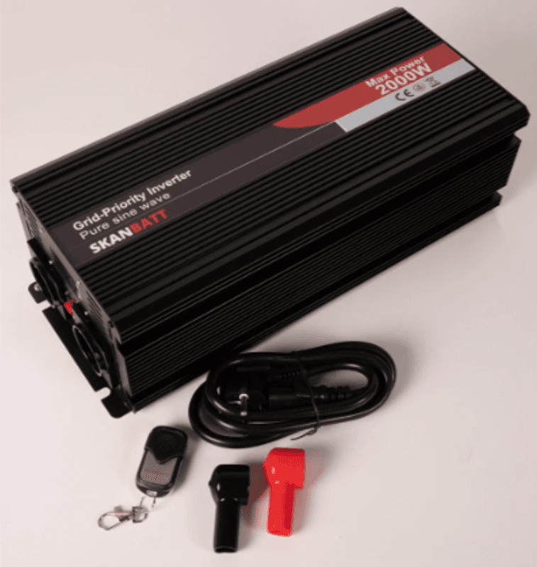 SKANBATT Inverter 12V 2000W Ren Sinus med Nettprioritering og Trådløs Fjernkontroll 420x165x120mm